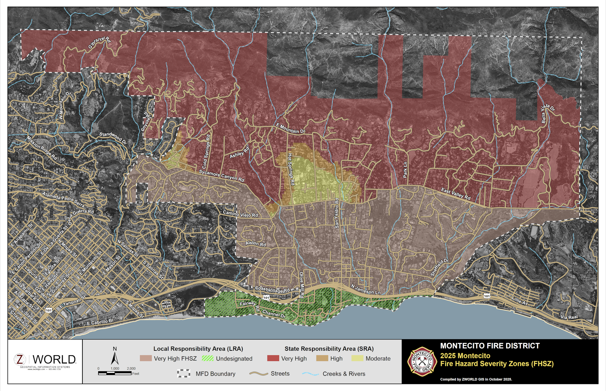 Map showing fire hazard severity zones in Montecito, CA, divided into Very High, High, Moderate, and Undesignated areas.