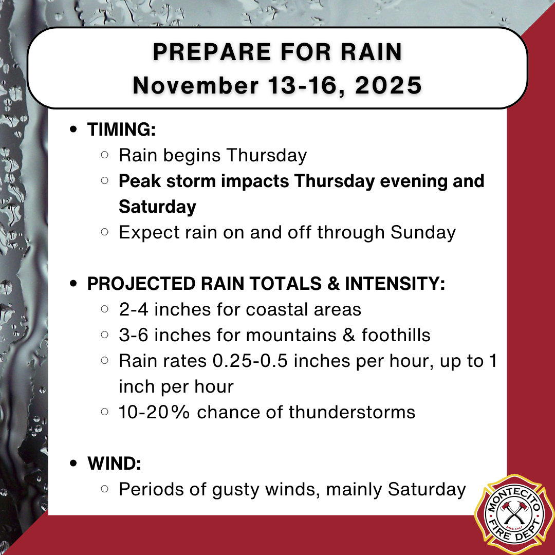 Rain forecast, November 13-16, 2025. Peak Thursday-Saturday. 2-6 inches rain, gusty winds, chance of storms. Montecito Fire Dept.