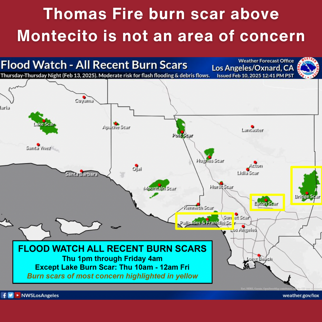 Map highlighting burn scars in Southern California with a flood watch issued. Areas of concern are marked in yellow.