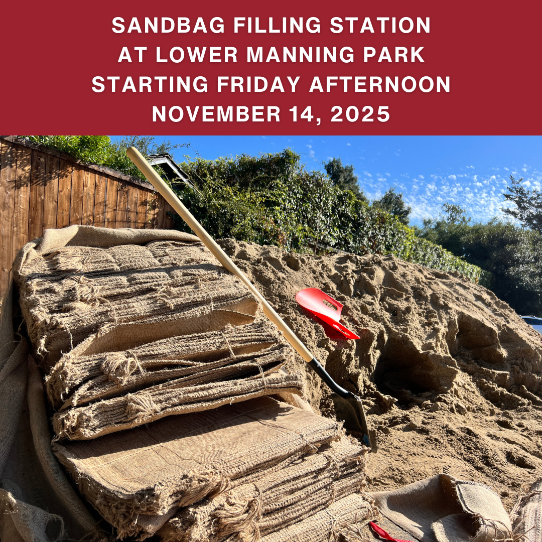 Sandbag filling station setup with shovels and bags, starting in Lower Manning Park on November 14, 2025.