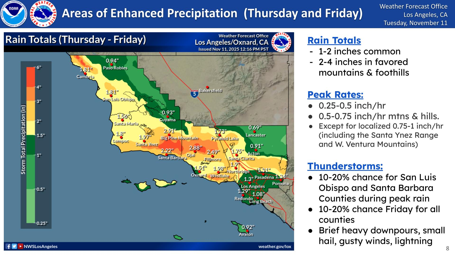 Rainfall map for Southern California showing totals, peak rates, and thunderstorm chances for Thursday-Friday.