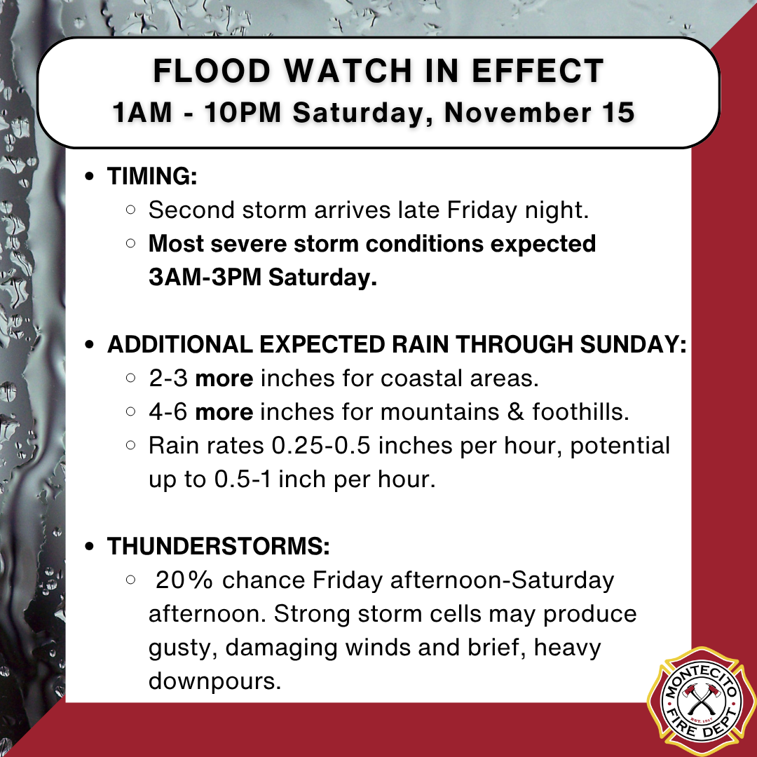 Flood watch 1AM-10PM, Nov 15. Storms from Friday night to Saturday, rain and thunderstorms forecasted.