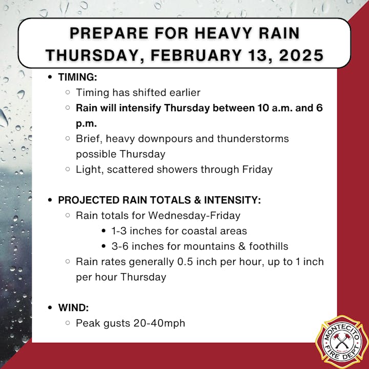 Heavy rain alert for Feb 13, 2025: 1-3" coastal, 3-6" mountain; 20-40 mph gusts; intensifies 10am-6pm; showers continue through Friday.