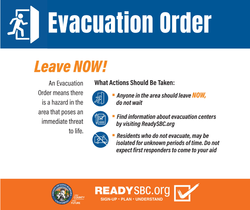 Evacuation Order: Leave NOW due to hazard. Visit ReadySBC.org for centers. Delays may isolate residents without aid.