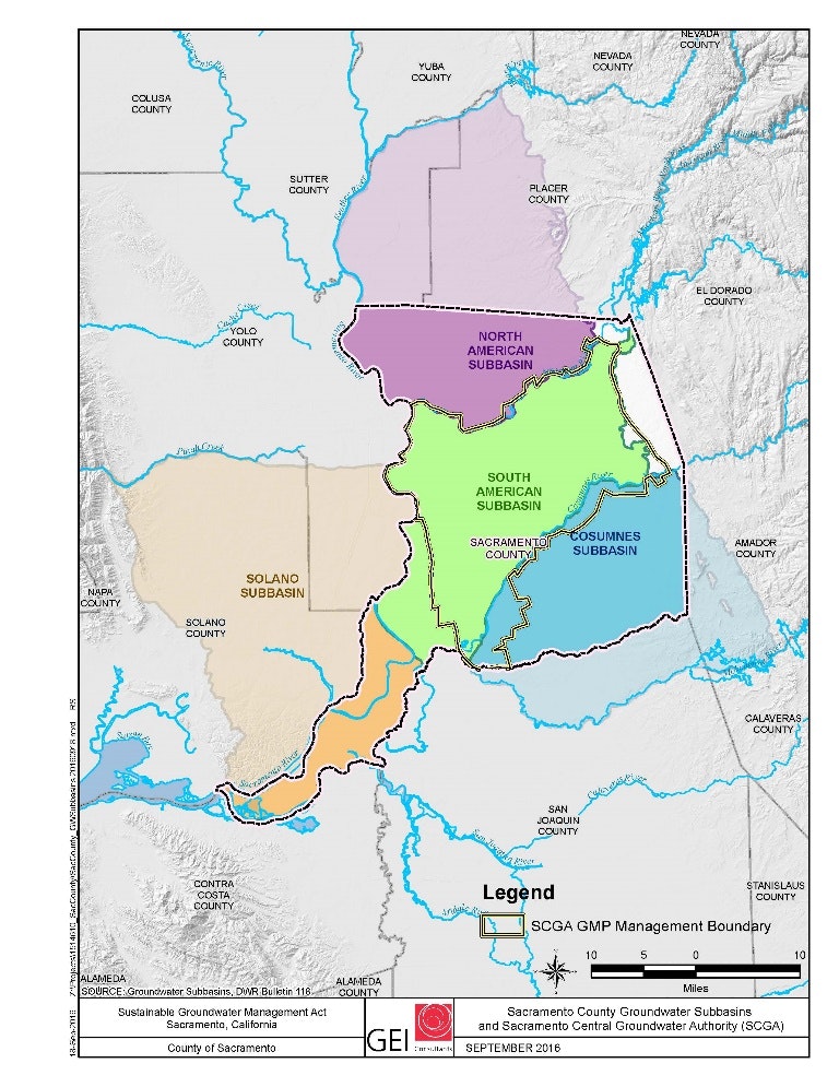 Map of Sacramento County groundwater subbasins: North American, South American, Cosumnes, and Solano, with various county boundaries.