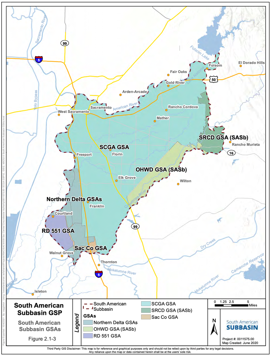 The image is a map of the South American Subbasin in California, showing various Groundwater Sustainability Agencies (GSAs).