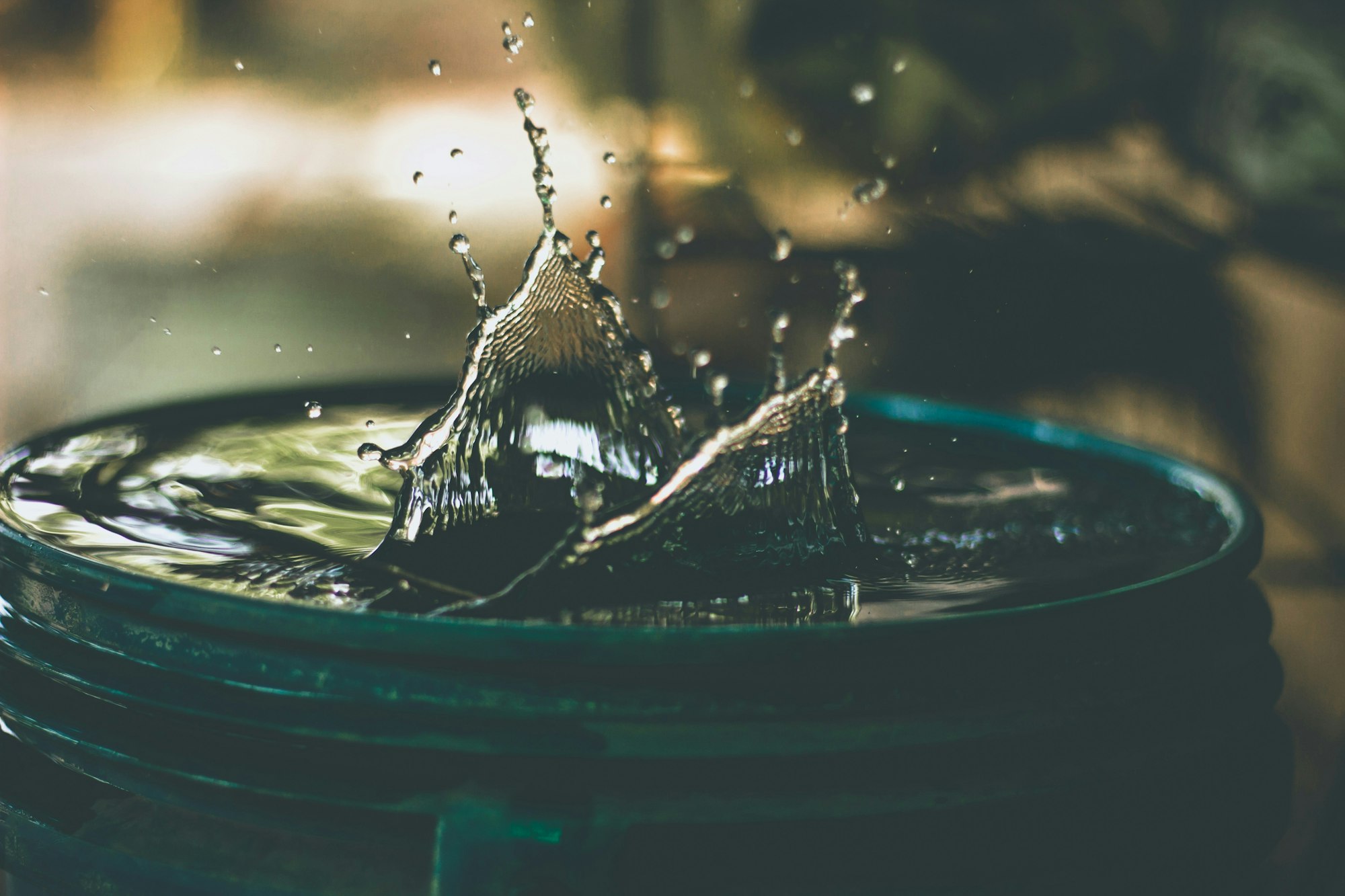 A water splash captured mid-air over a green basin, creating a crown-like shape.