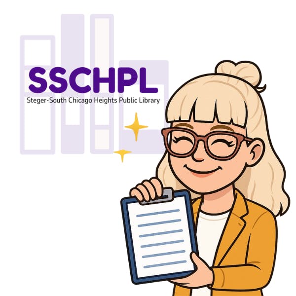 The image features a character holding a document with the Steger-South Chicago Heights Public Library logo above.