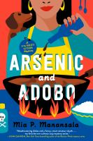 Book cover of "Arsenic and Adobo" by Mia P. Manansala, featuring a woman cooking with a small dog and a skull-labeled bottle.