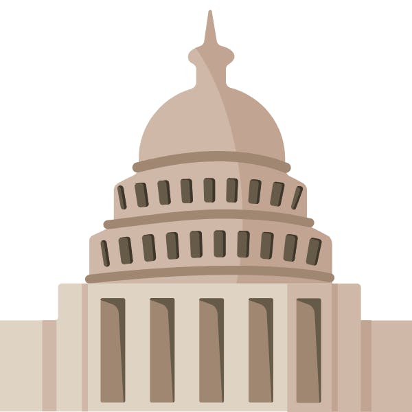 The image depicts a stylized representation of a dome, likely a government building, with classical architectural features.