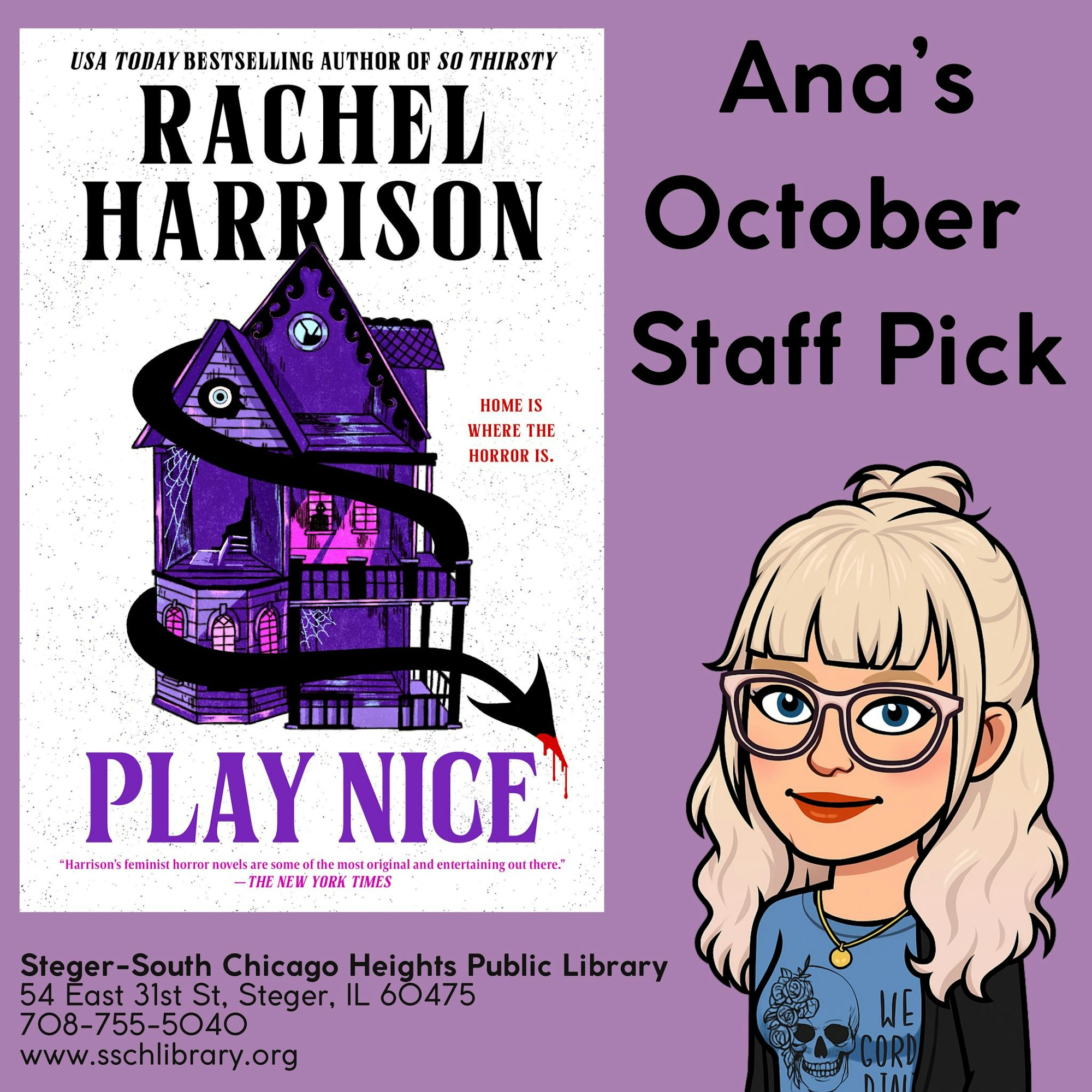 The image features a book cover for "Play Nice" by Rachel Harrison, labeled as Ana's October staff pick at a library.