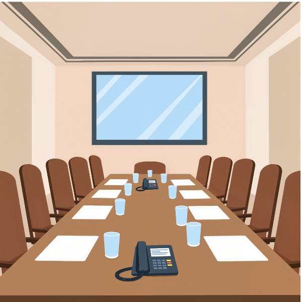 A boardroom with a long table, chairs, a conference phone, water glasses, and a large screen on the wall.