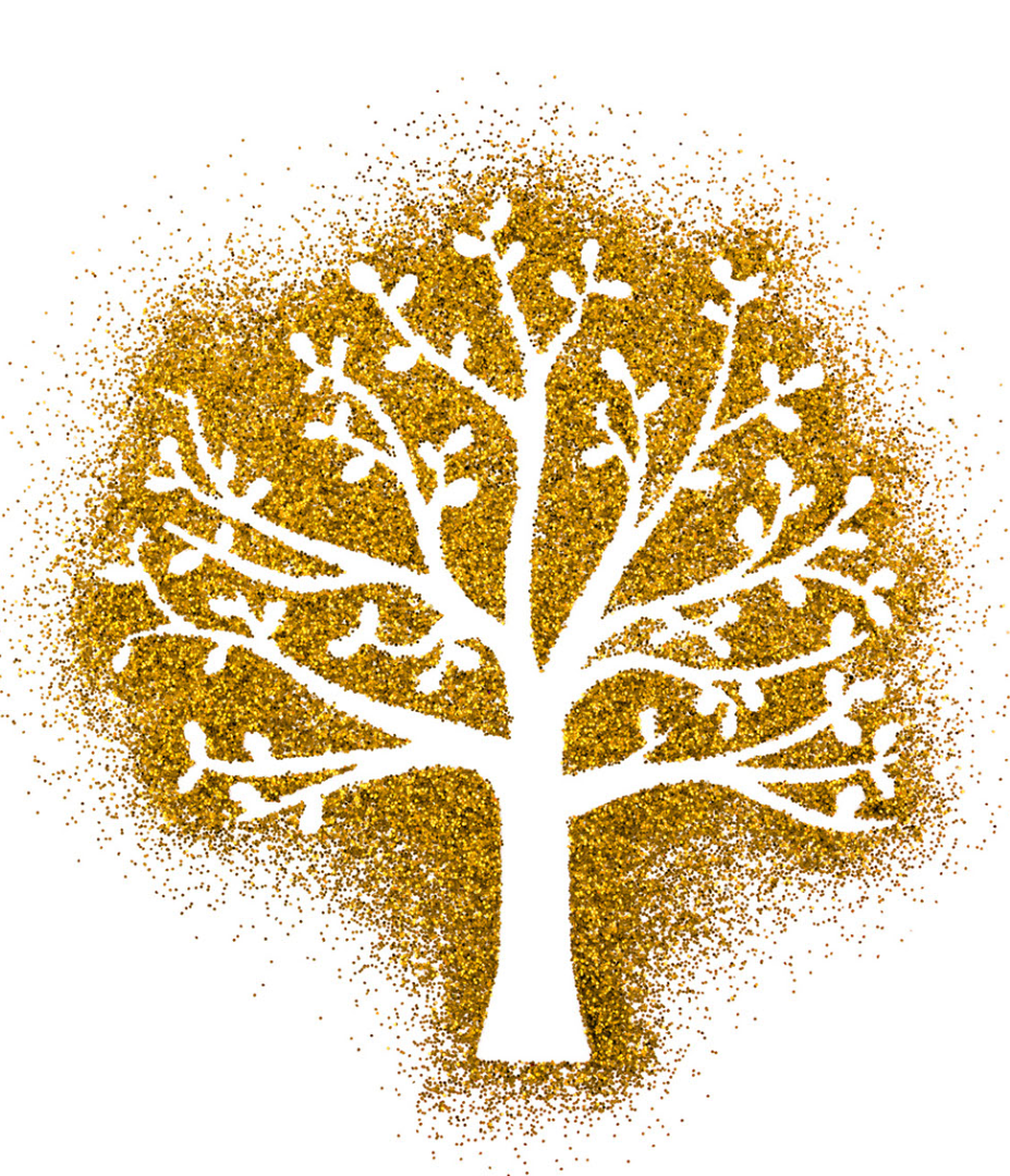 A tree silhouette formed by golden glitter on a white background.