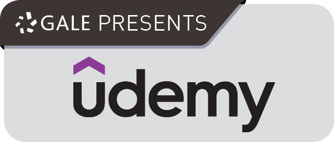 Logo with text: "GALE PRESENTS udemy" on a gray background.