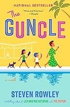 Book cover of "The Guncle" by Steven Rowley, featuring a colorful illustration of three people walking by a pool.