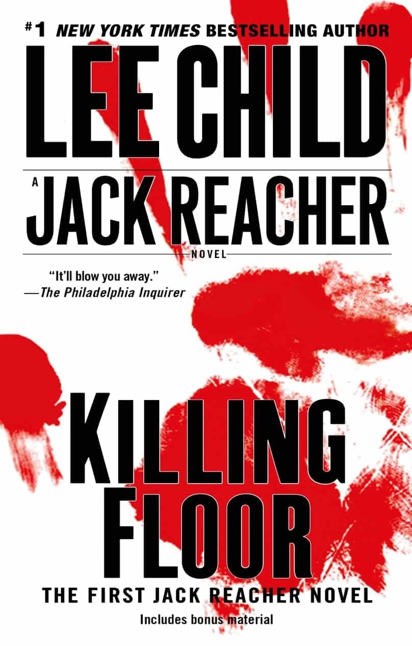 Book cover: Lee Child's "Killing Floor," a Jack Reacher novel, includes bonus material, with red smudges in the background.
