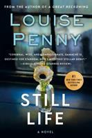 Book cover: "Still Life" by Louise Penny. Features two flowers in a bottle, with quotes and a seal indicating it’s a bestseller.