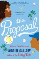 Book cover of "The Proposal" by Jasmine Guillory, featuring illustrated profiles, baseballs, palm trees, and a Reese's Book Club sticker.