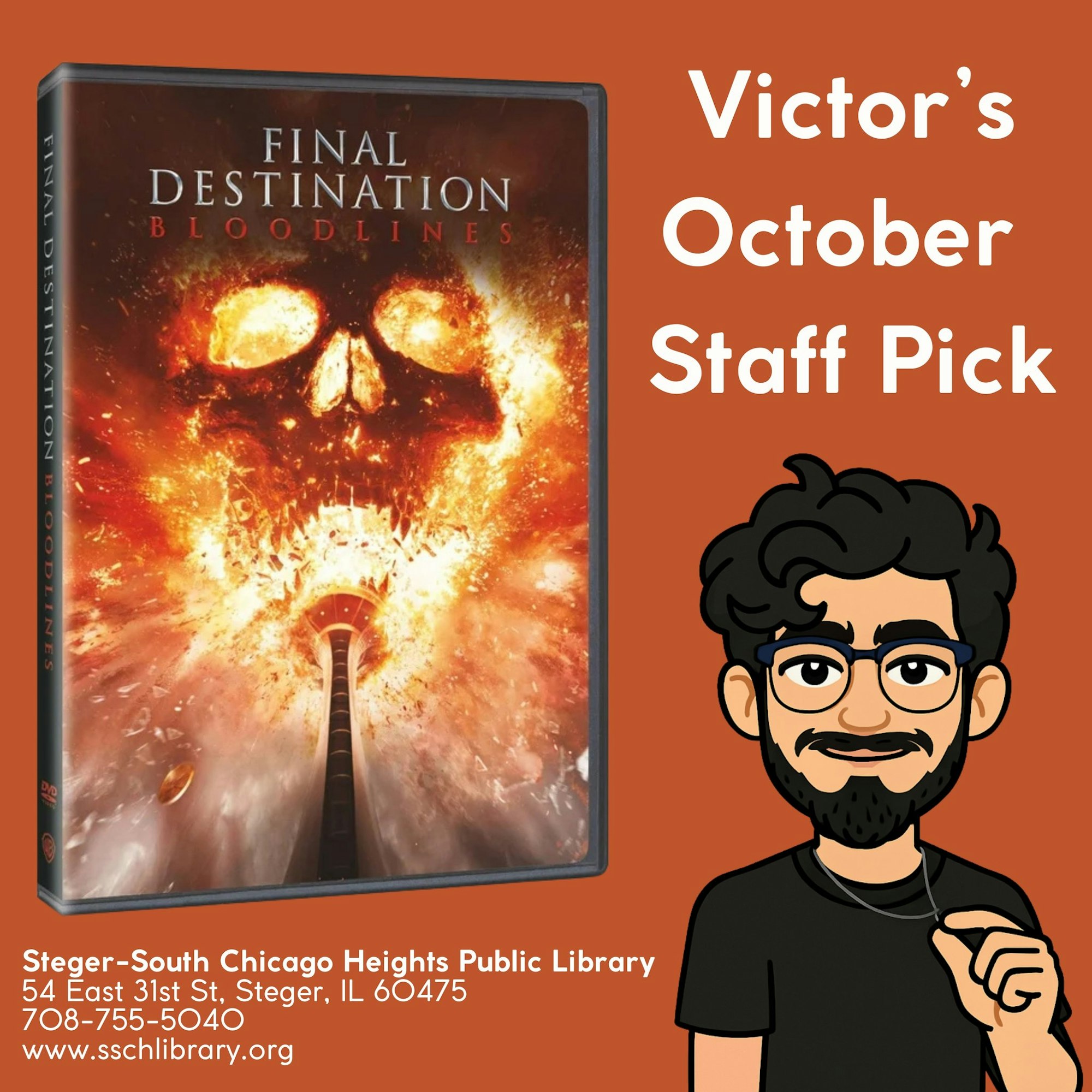 The image features a DVD of "Final Destination: Bloodlines," highlighting it as Victor's October staff pick at a public library.