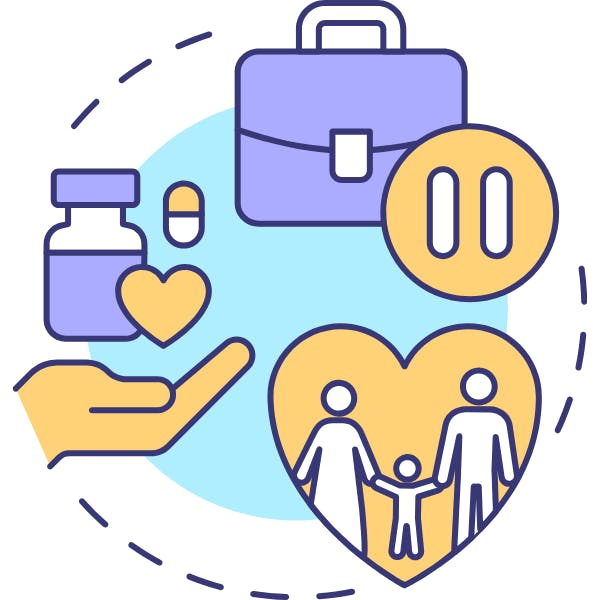 The image depicts health care symbols: a pill, a heart, a family, and a briefcase, emphasizing well-being and care.