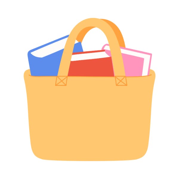 A tote bag filled with colorful books in blue, pink, and orange.