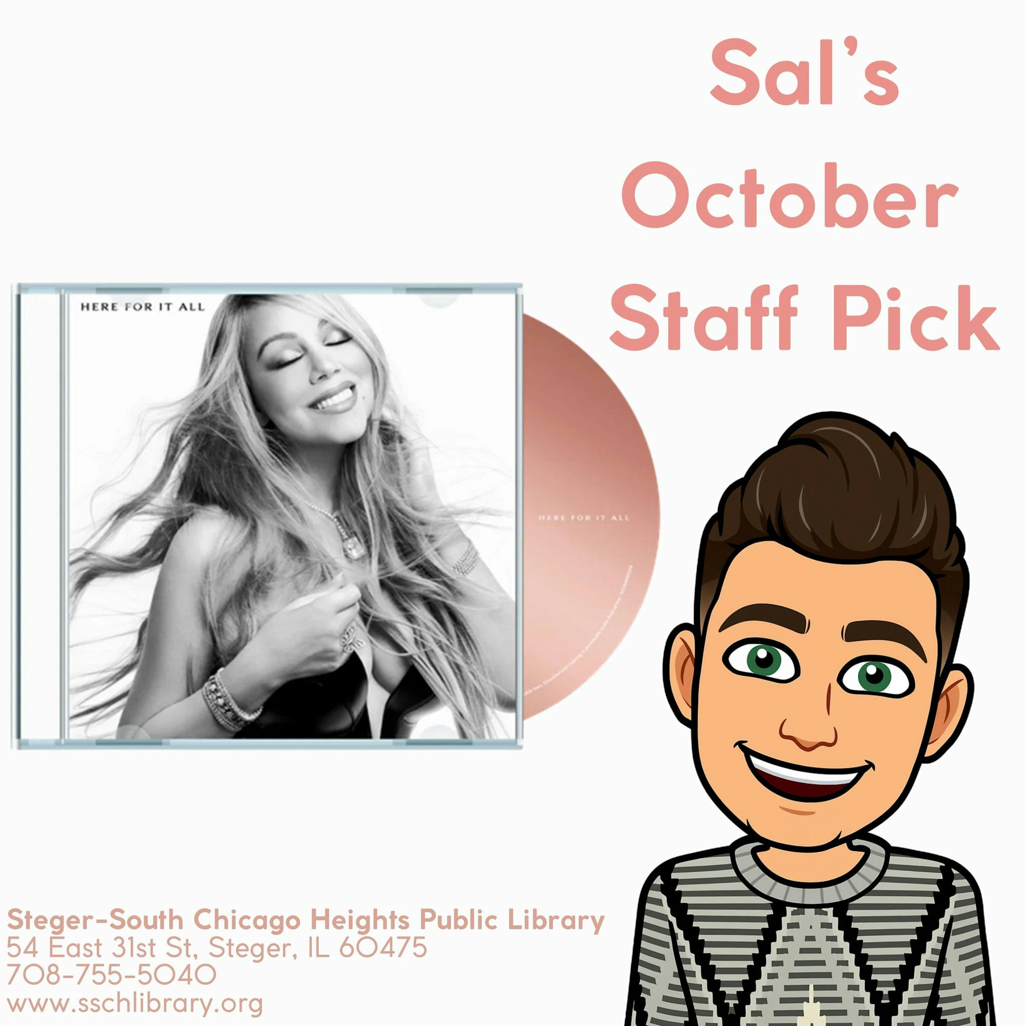 The image features a staff pick from Sal at a library, highlighting the album "Here for It All," along with a cartoon avatar of Sal.