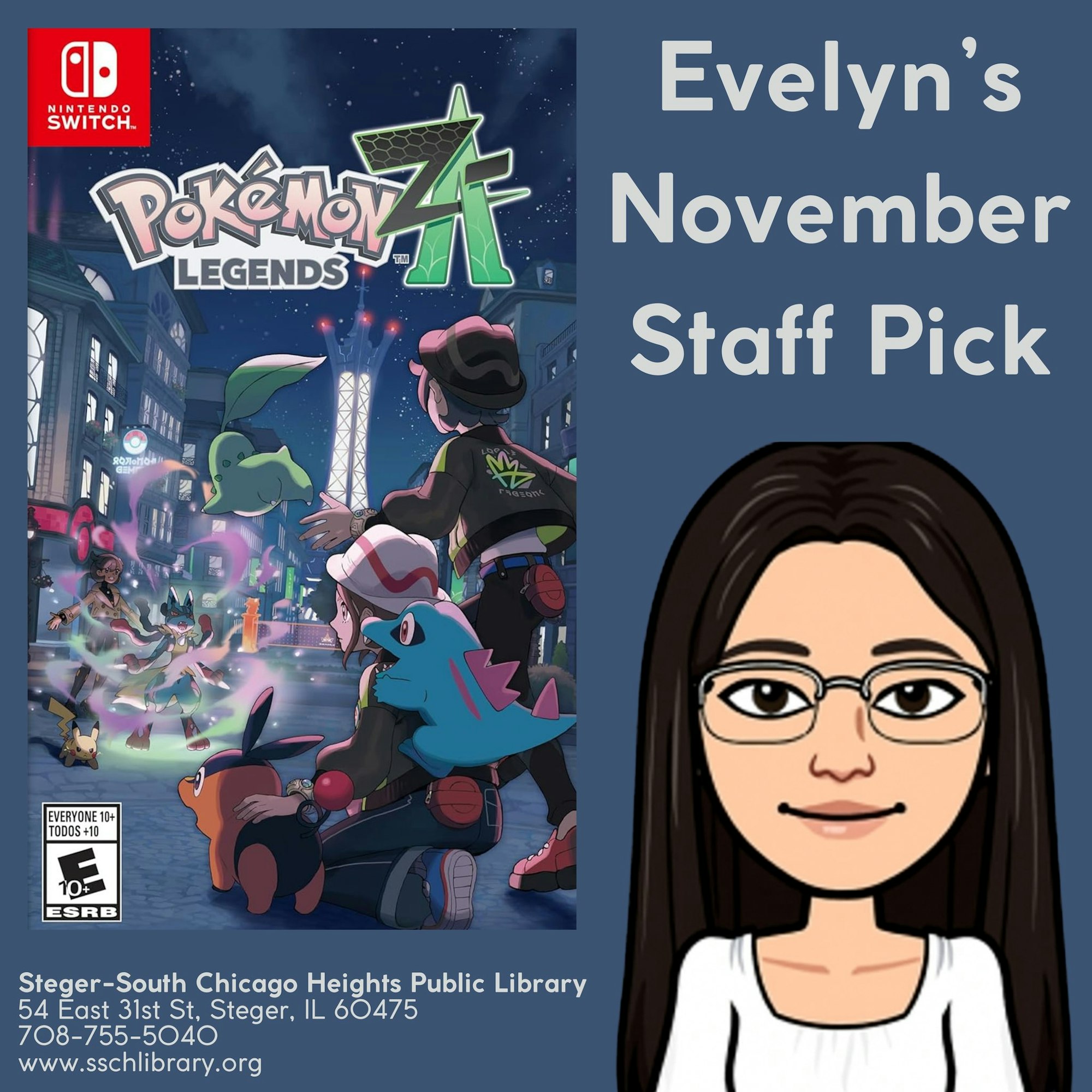 Evelyn's staff pick is "Pokémon Legends," displayed with a Nintendo Switch cover and her cartoon avatar.