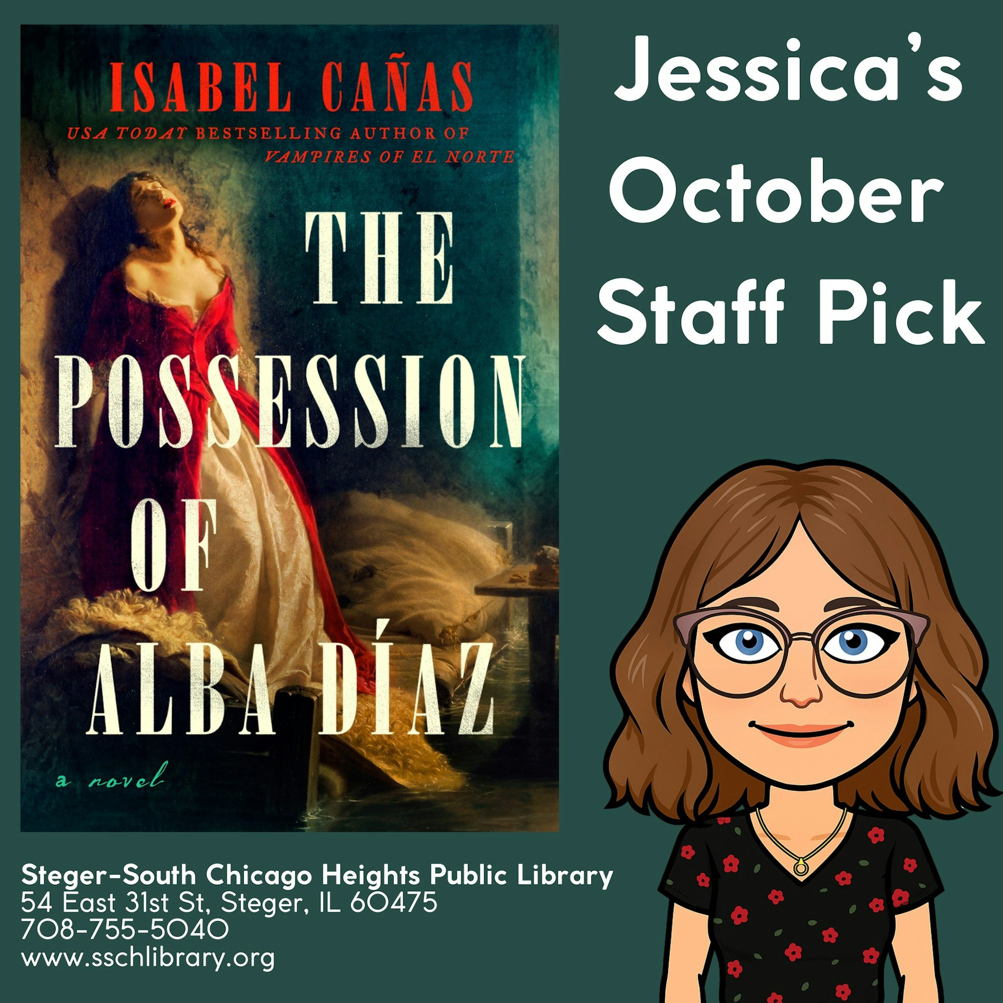 A library poster featuring Jessica's October staff pick: "The Possession of Alba Díaz" by Isabel Cañas.