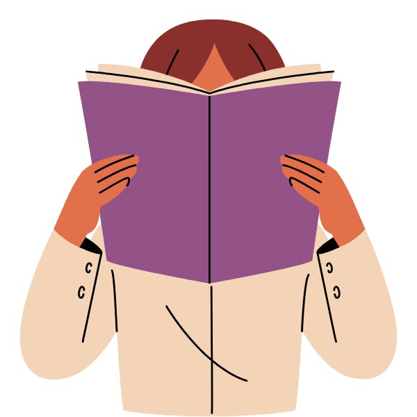 A person holds a large, closed book, showing a cozy, stylized illustration of reading.