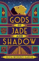 Book cover of "Gods of Jade and Shadow" by Silvia Moreno-Garcia, featuring a stylized design with a face and pyramid.