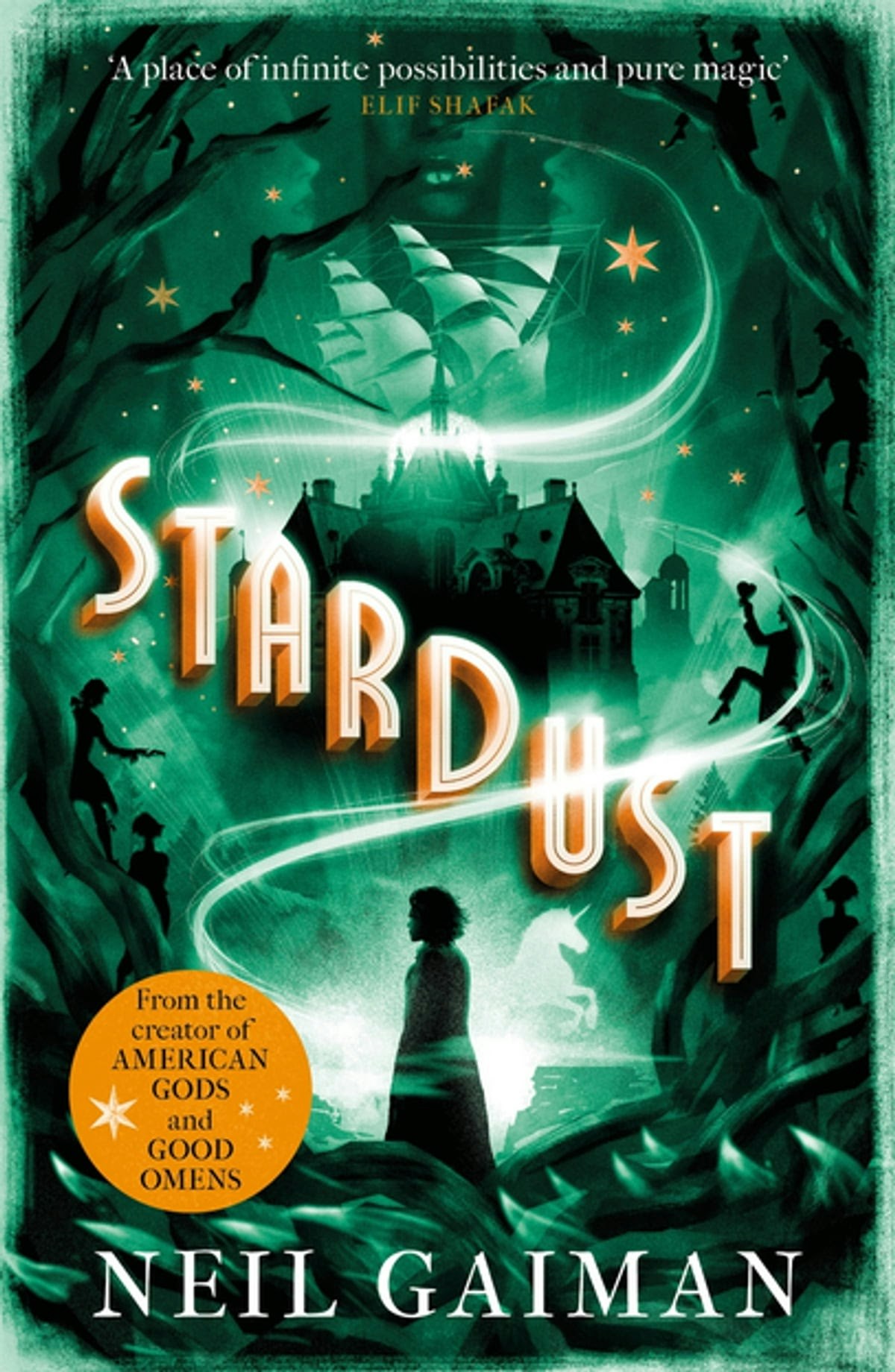 Book cover of "Stardust" by Neil Gaiman; silhouette of a person, unicorn, stars, a ship, and a glowing title.