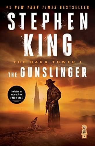 Book cover of "The Gunslinger," by Stephen King, featuring a gunslinger figure and a dark tower silhouette in an orange-hued desert.
