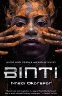 Book cover of "Binti" by Nnedi Okorafor, featuring a face with cosmic elements and hands, labeled as a Hugo and Nebula Award winner.