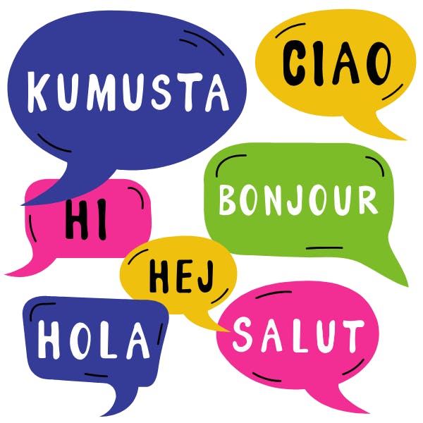 The image displays various greetings in different languages inside colorful speech bubbles: Kumusta, Hi, Hola, Bonjour, Ciao, Hej, Salut.