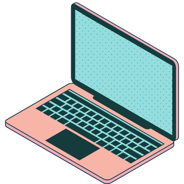 An illustrated, open laptop with a light blue screen and a pinkish base, featuring a grid-style keyboard.