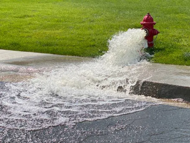 A red fire hydrant is gushing water onto the pavement, creating a stream that flows towards the grass.