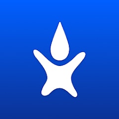 A blue background with a white abstract figure and a droplet shape above it.