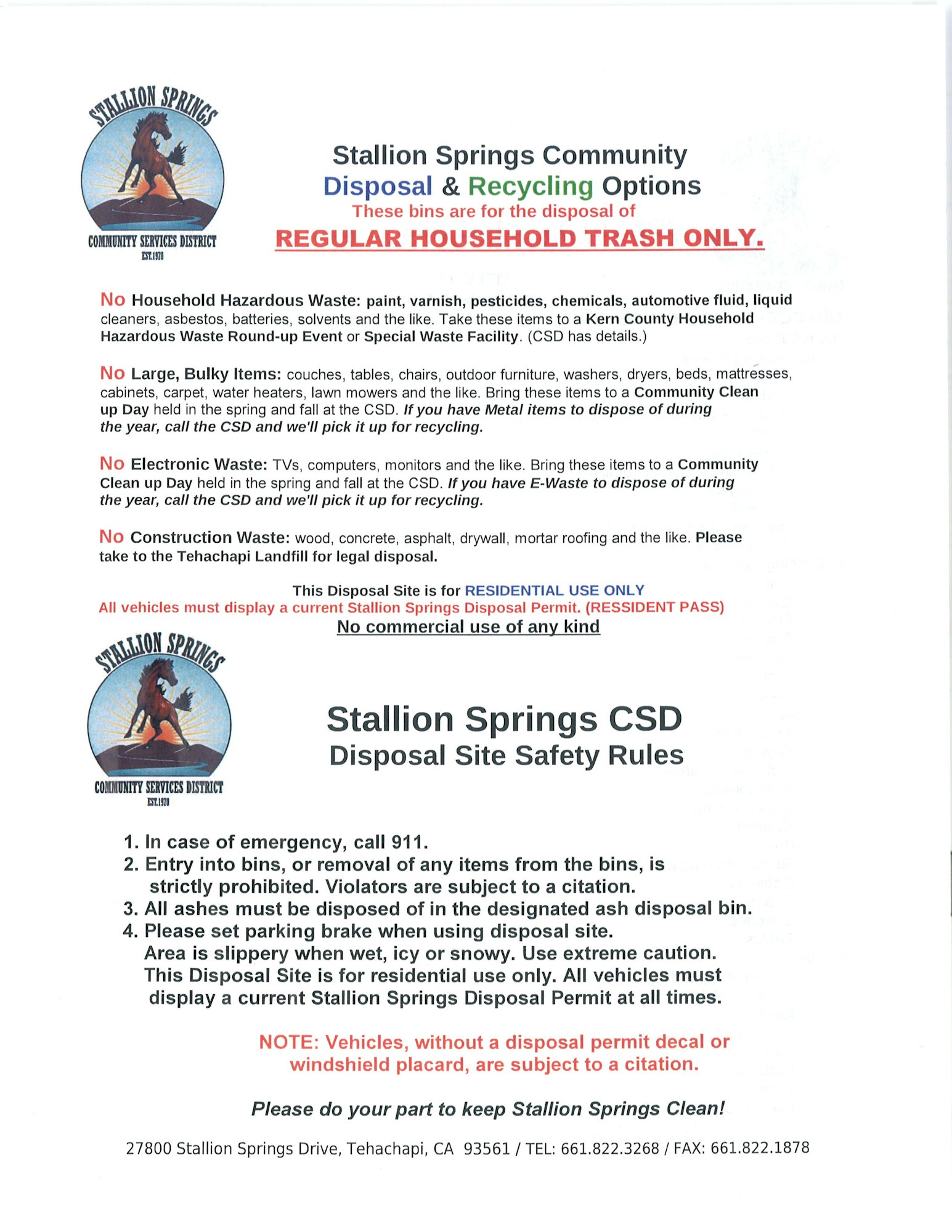 Trash Stallion Springs Community Services District