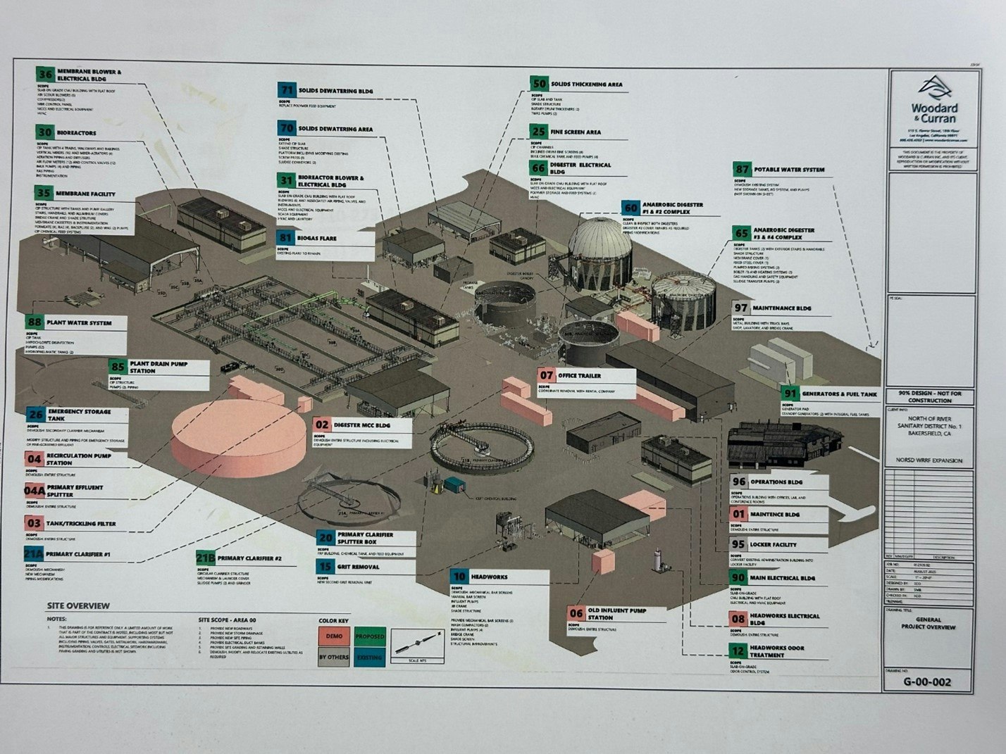 A facility schematic layout with labeled sections including digesters, storage tanks, pump stations, and other structures.
