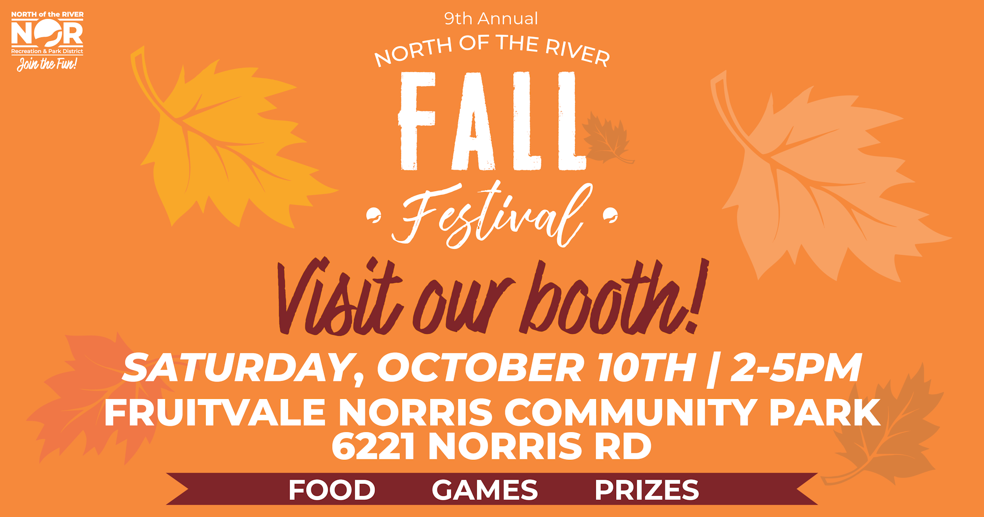 9th Annual North of the River Fall Festival on October 10, 2-5 PM at Fruitvale Norris Community Park. Food, games, prizes!