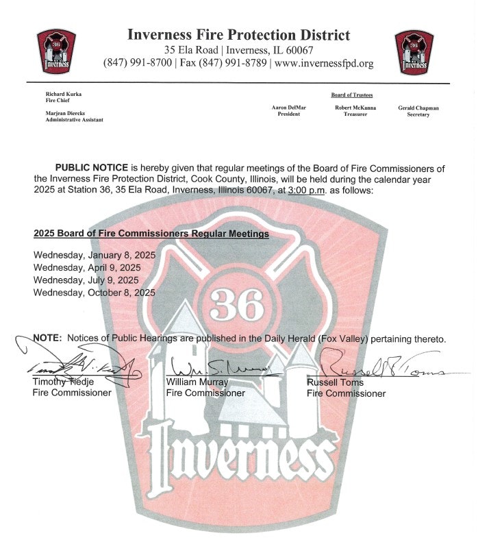 2025 Board of Fire Commissioners regular meeting schedule