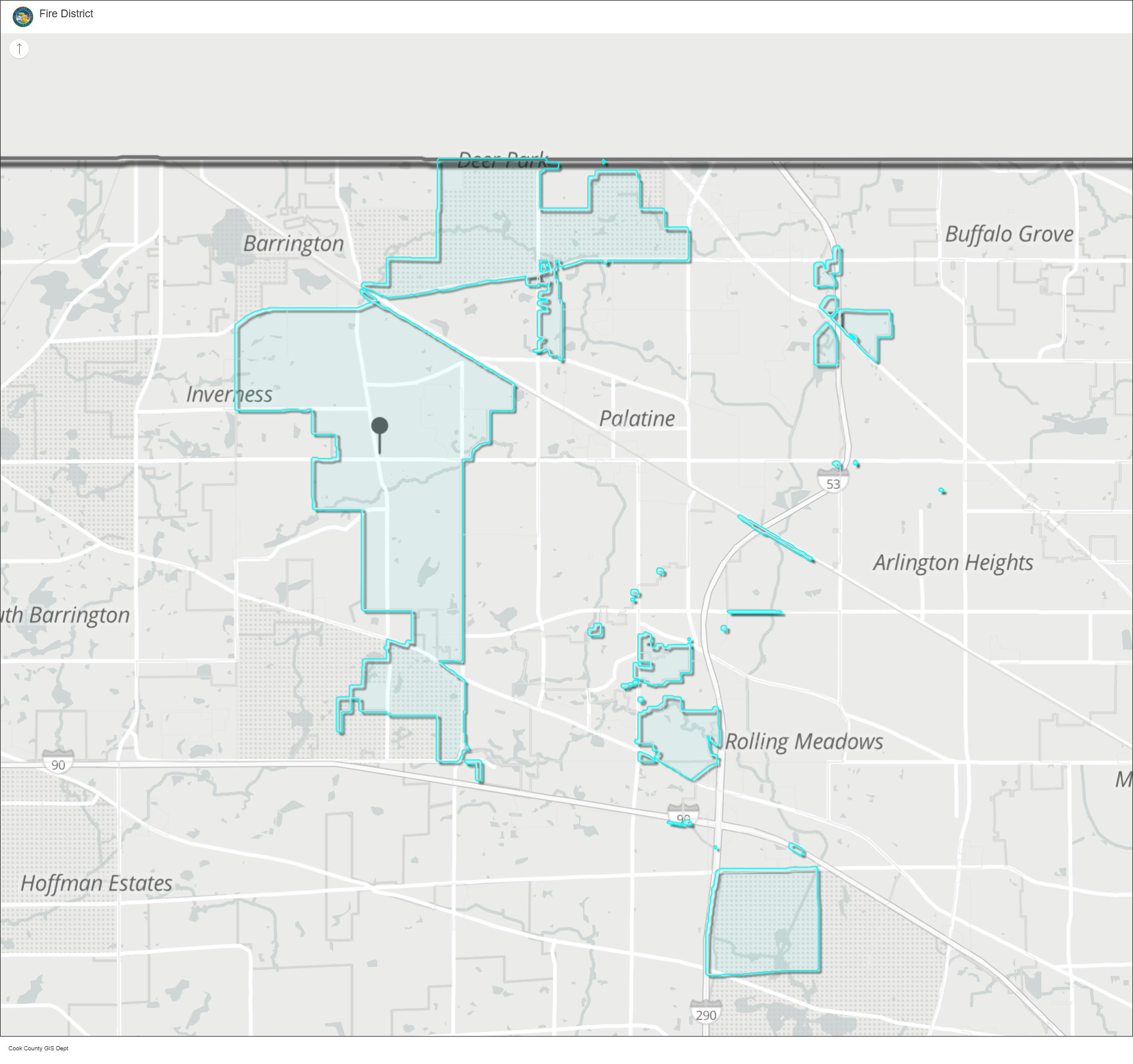 Map showing fire district boundaries in Illinois, highlighting areas like Barrington, Inverness, and Palatine with blue outlines.