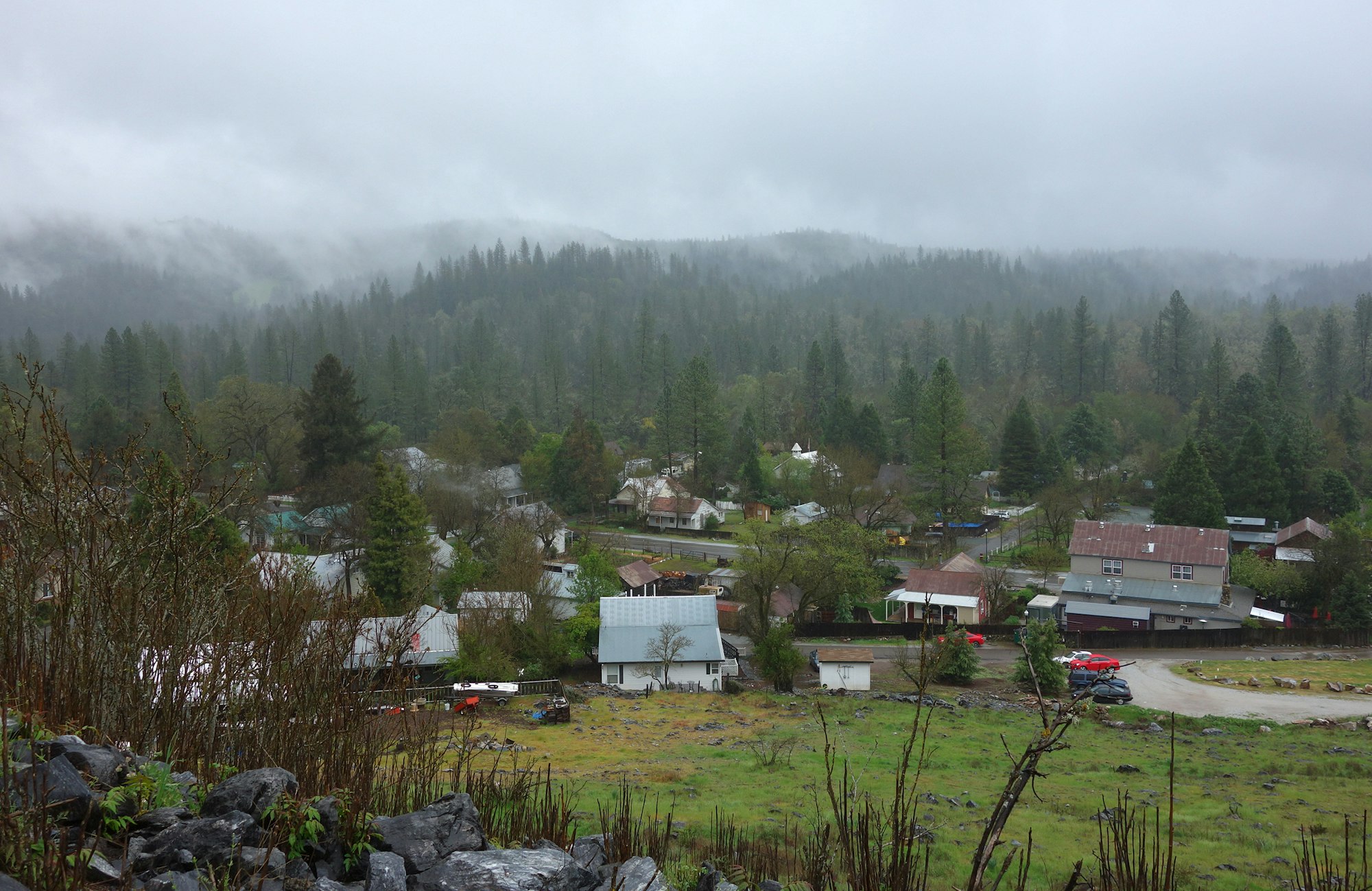 Overlook of town of Volcano with houses among trees.