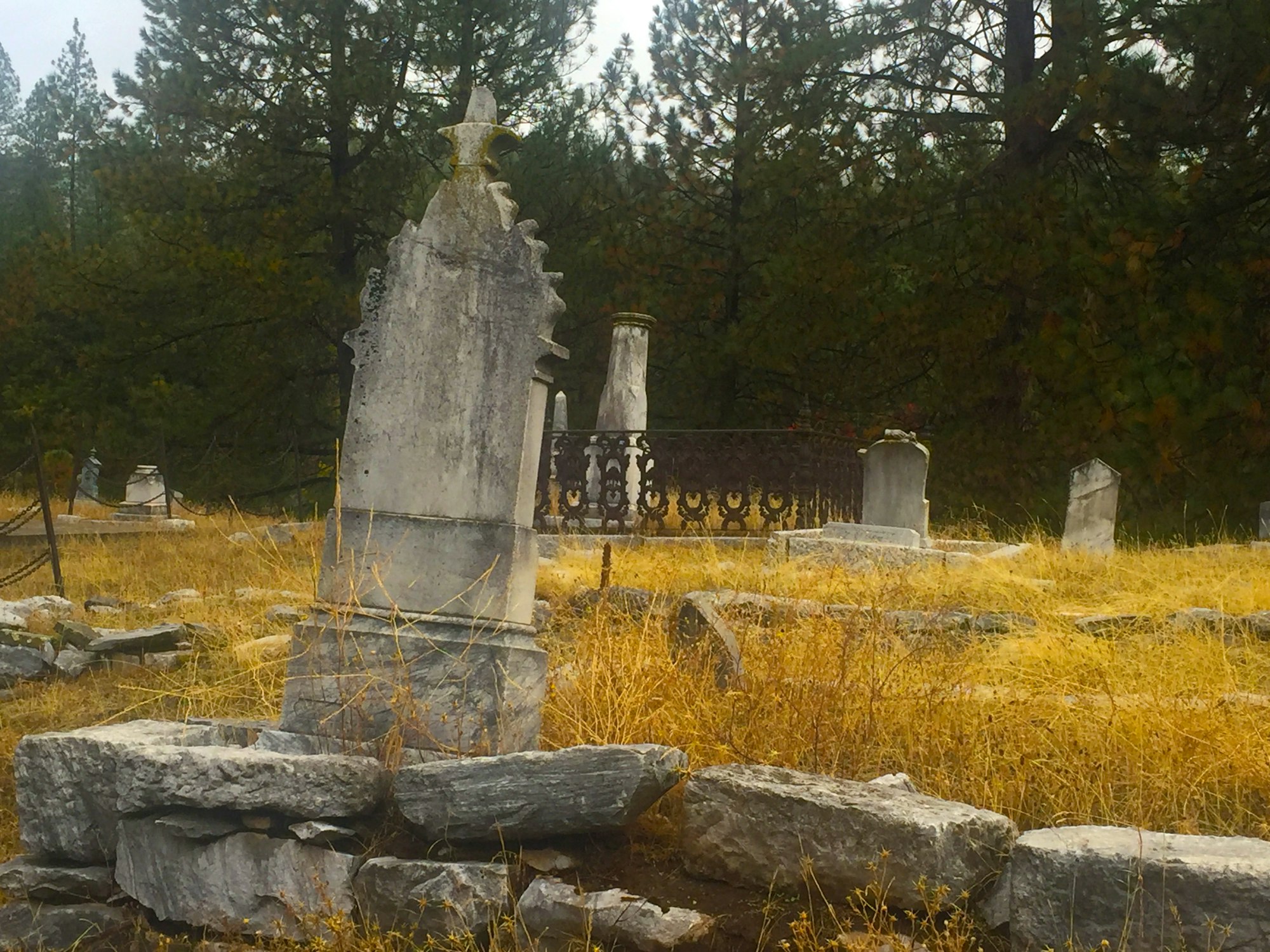 Volcano cemetery with weathered tombstones surrounded by yellowed grass and trees.