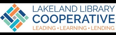 Logo for Lakeland Library Cooperative with the words "Leading • Learning • Lending" and a geometric design.