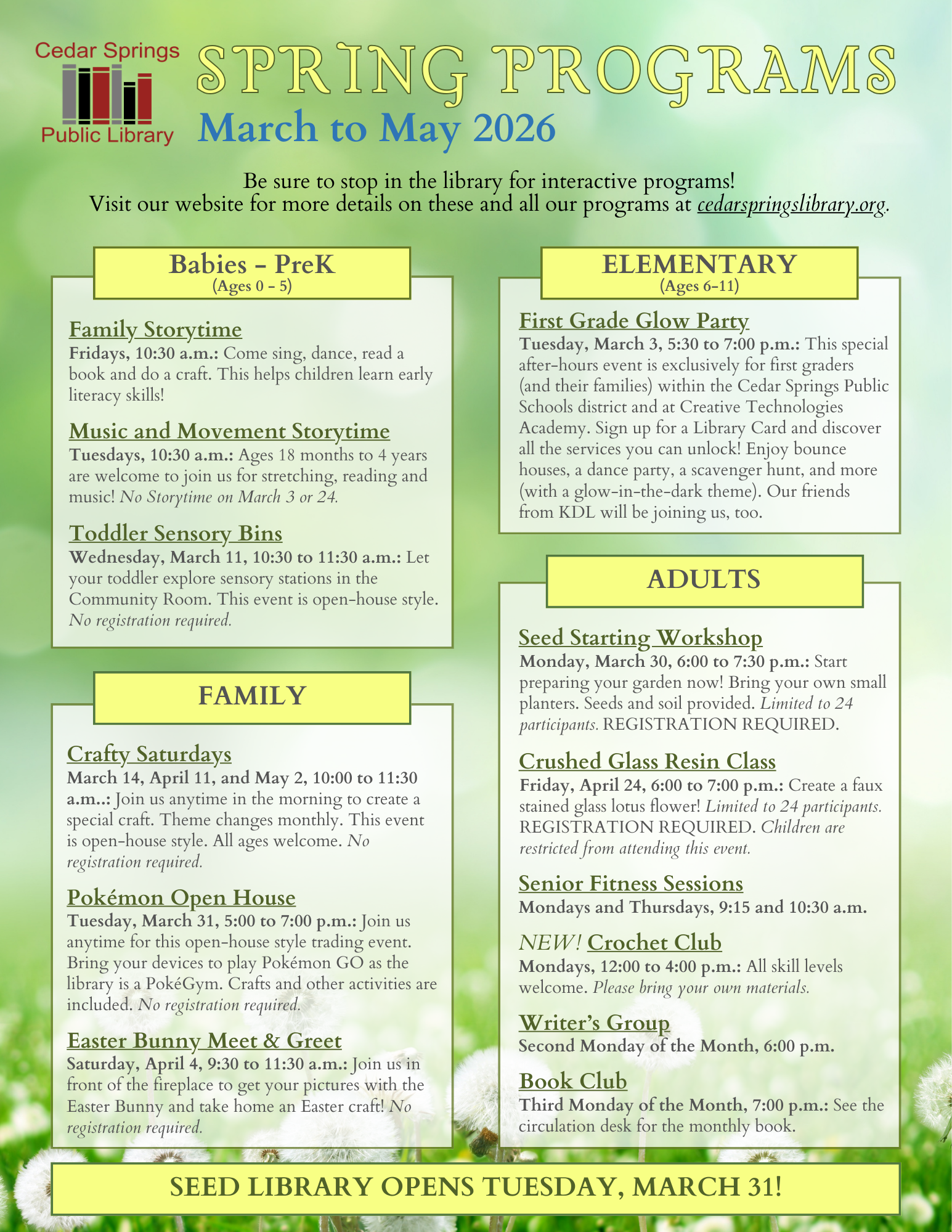 Cedar Springs Library spring programs include storytimes, crafts, a glow party, gardening workshops, and a book club from March to May 2026.