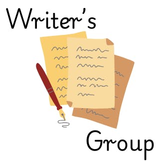 A logo with handwritten pages, a pen, and the text "Writer's Group."