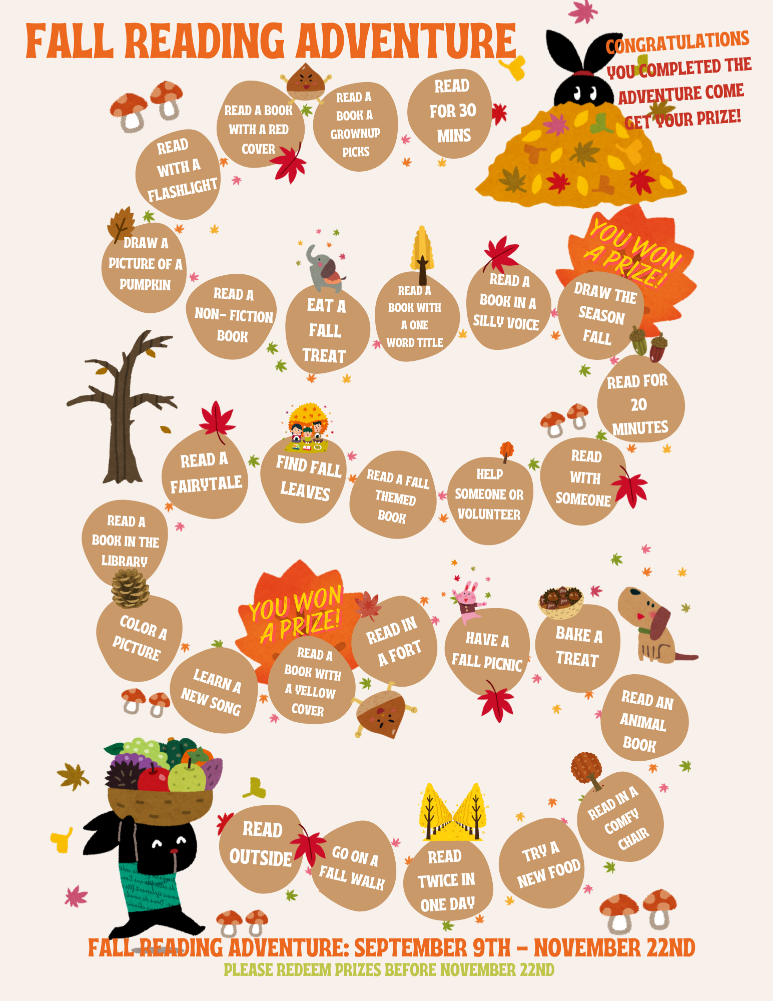 "Fall Reading Adventure" game with activities like reading, drawing, and baking. Complete tasks to win prizes. Runs September 9th to November 22nd.