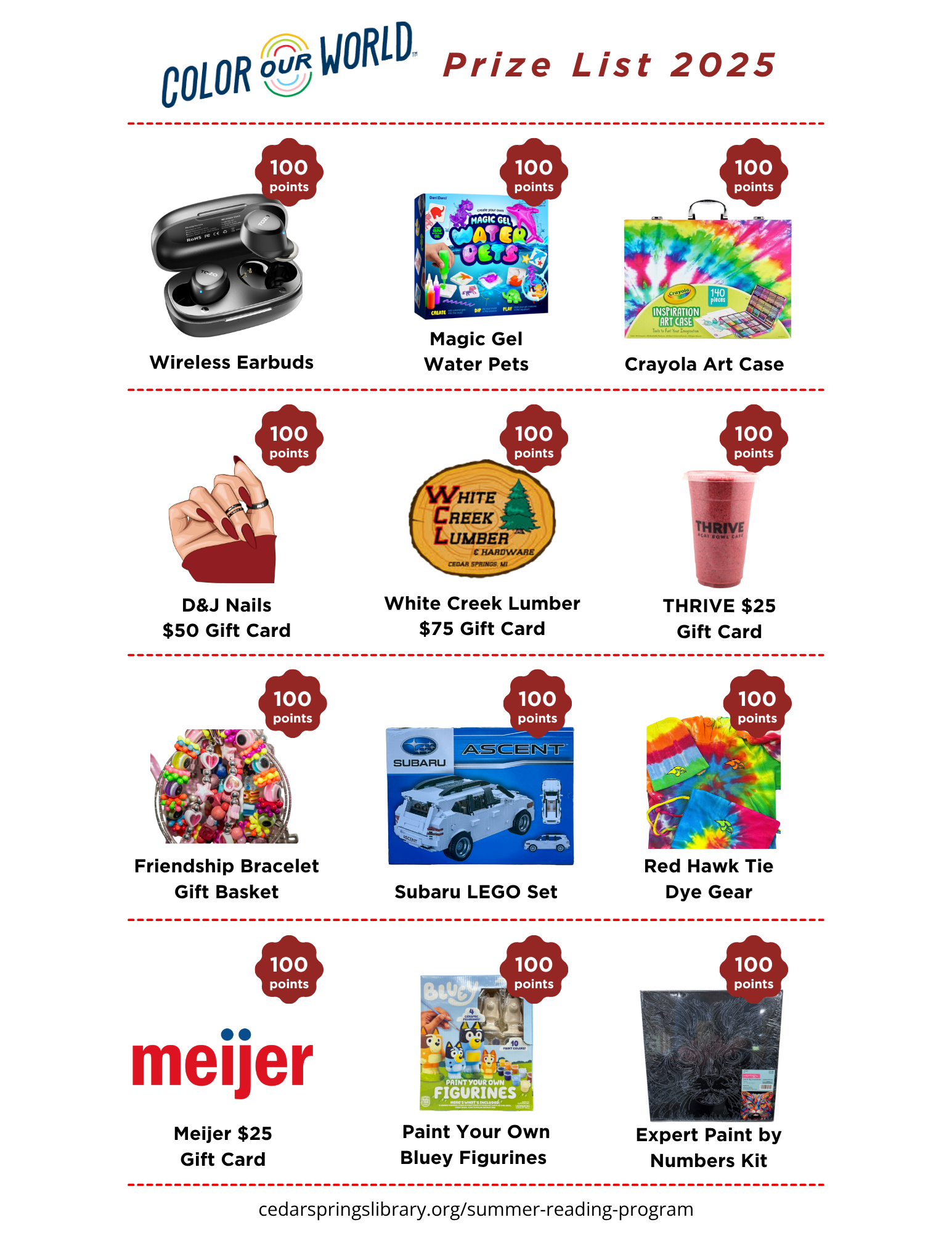 Prize list for "Color Our World" 2025: Earbuds, gift cards, LEGO set, tie-dye gear, and more, each worth 100 points.