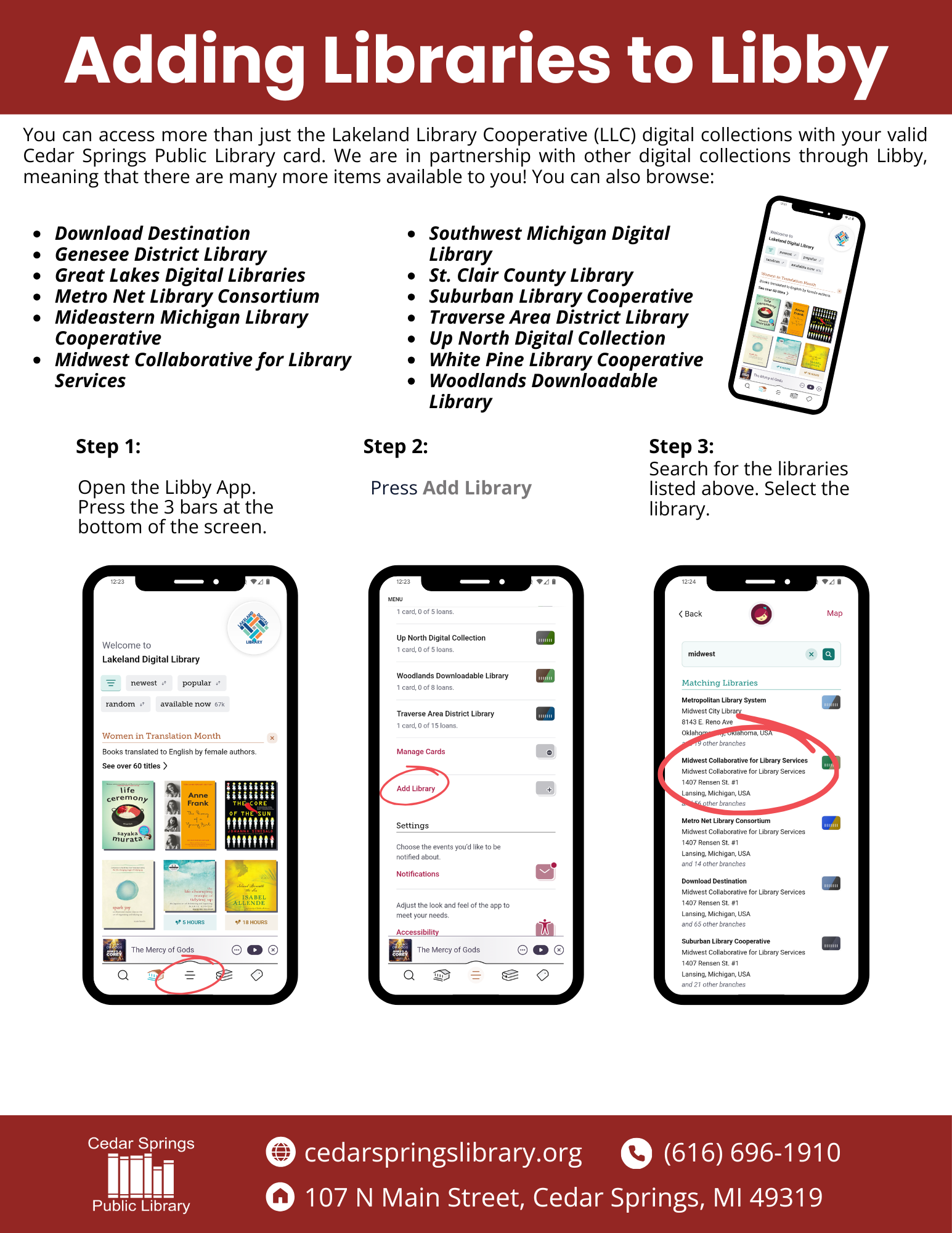 Guide on adding libraries to Libby app, listing various libraries, with steps and Cedar Springs Library contact info.